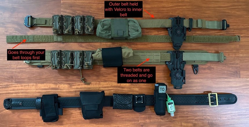 Figure 1: Top to bottom: G-Code contact series operator's belt with D-ring and its required inner belt, T.REX Orion outer “belt sleeve” and a Bianchi 7960 Sam Browne duty belt. The Sam Browne is not a battle belt and in fact, its appearance is more “protect and serve” than any battle belt could be, helping with de-escalation. While most officers use separate keepers to secure it to their everyday belt, a properly-adjusted Sam Browne should not shift appreciably.