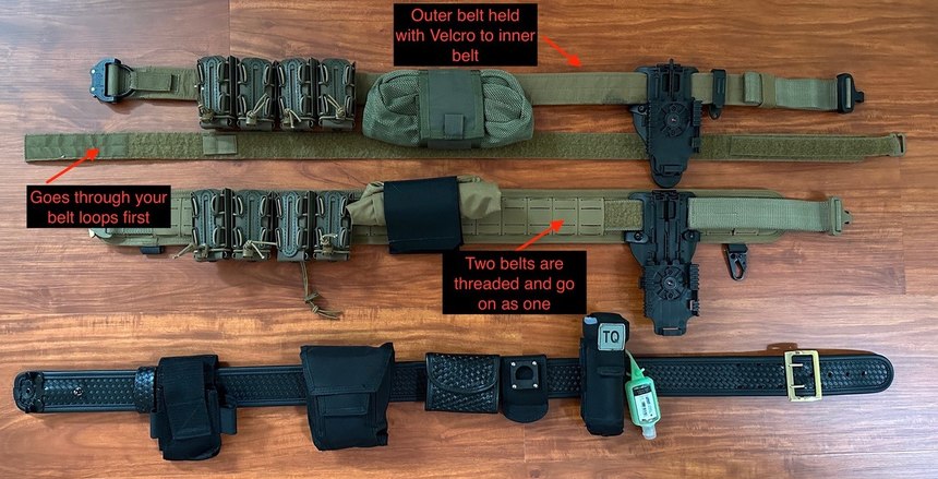 Figure 1: Top to bottom: G-Code contact series operator's belt with D-ring and its required inner belt, T.REX Orion outer “belt sleeve” and a Bianchi 7960 Sam Browne duty belt. The Sam Browne is not a battle belt and in fact, its appearance is more “protect and serve” than any battle belt could be, helping with de-escalation. While most officers use separate keepers to secure it to their everyday belt, a properly-adjusted Sam Browne should not shift appreciably.