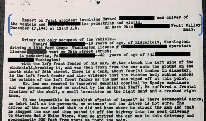 First use of the synopsis in a police report (1948 fatal hit and run).