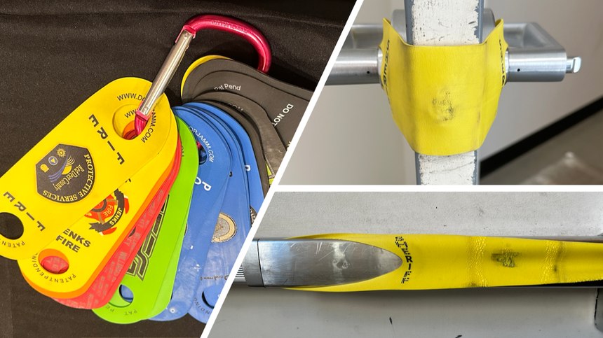 Door Jamms can be hung from your uniform on a carabiner, slipped over traditional door handles, or two can be looped together and stretched over a slam bar.