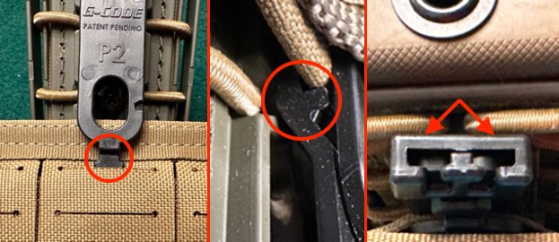 Figure 5: Left to right: Inserting the mount through the top MOLLE slot – note the tab at the bottom which will be held in place by the locking collar, molded ledge which keeps the mount secure on your belt when pulled vertically, Locking collar which holds the front and rear pieces of the mount together once it is slipped over the belt or through the MOLLE slots.
