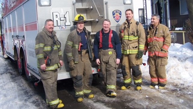 A group of career firefighters from Rescue Company No. 1 in Buffalo, New York, after a fire call. These firefighters wore electrodes to measure electrocardiogram data (ECG) over a 24-hour period.