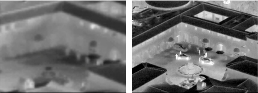 The image on the left is from a single thermal camera digital zoom payload at 8x zoom. It is very blurry and leaves little to be identified by the human eye. On the right, a dual thermal camera payload with the same sensor resolution but at 10x zoom is pictured, which appears significantly clearer. In surveillance scenarios, the improvement in image quality could be the difference between seeing or not seeing the object of interest.