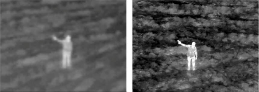 On the left is a thermal image from a single camera payload at 8x digital zoom. On the right is a thermal image at 10x zoom from a dual thermal camera payload with the same starting resolution. A clear image makes the difference in this set, where the dual-thermal image allows the operator to determine the person of interest is potentially holding a gun.