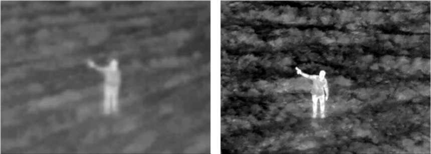 On the left is a thermal image from a single camera payload at 8x digital zoom. On the right is a thermal image at 10x zoom from a dual thermal camera payload with the same starting resolution. A clear image makes the difference in this set, where the dual-thermal image allows the operator to determine the person of interest is potentially holding a gun.