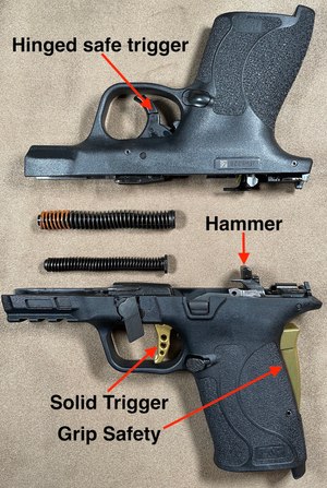 Figure 1: Hammer, smaller spring and solid trigger of the standard Shield (top) and slightly larger EZ.