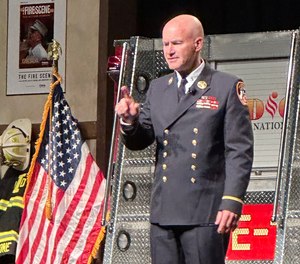 FDNY Battalion Chief Daniel Sheridan delivers the keynote address at FDIC on Wednesday, April 26, 2023.