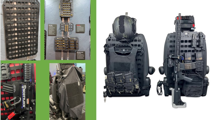 Four images on the green background, clockwise from left top: High-density polyethylene panel, Aluminum RMP system panels with backing plates, fabric panel cover, a Scott Lock AR retention system mounted on a GMT seatback system. The images on the right show the two-seat pre-packaged LE system.