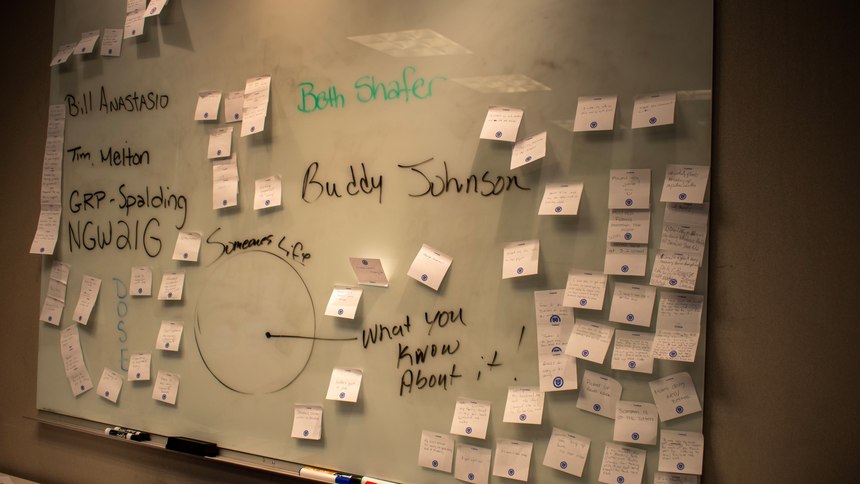 Course participants are encouraged to put little notes of gratitude on the classroom board, whether it’s for a good night of sleep or the opportunity to meet new people.