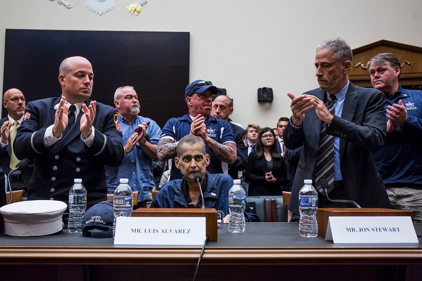 Retired New York City police Detective Luis Alvarez (seated center) spent some of his final days traveling to Washington, D.C., to lobby Congress for permanent 9/11 compensation legislation. Alvarez, who had stage 4 colon cancer, died on June 29, 2019.