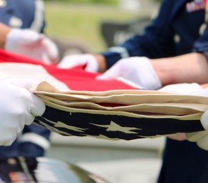 At a military burial, a ceremonial flag is 5 x 9 feet, which requires 13 folds to complete.