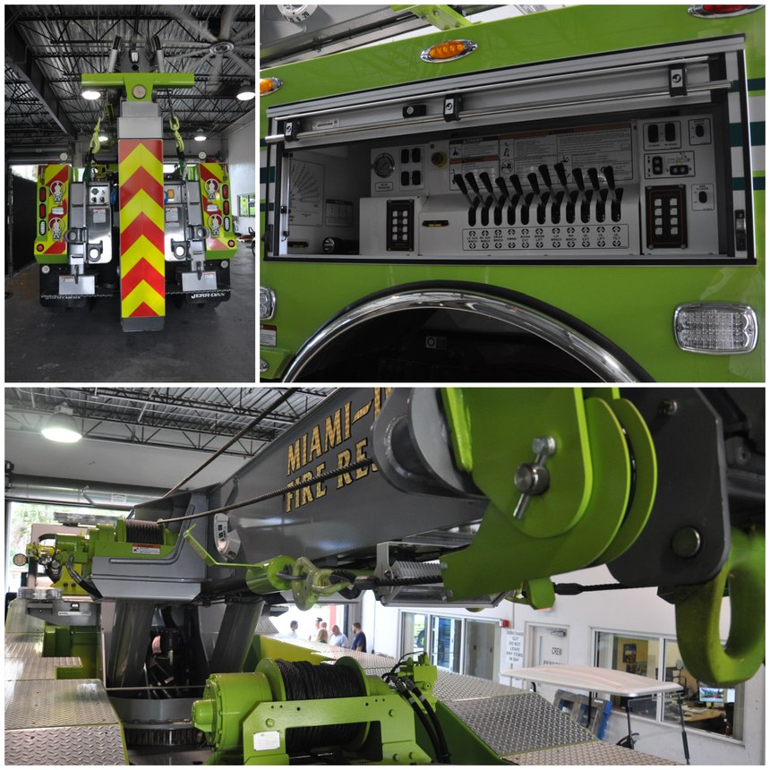 Heavy-1 features a 60-ton boom, which is the main arm on the top. It also has an under lift, which is the second boom in the back. The apparatus has five winches – two deploy off the tip of the boom, two deploy at the middle of the boom, and one deploys at the bottom at the base. It also has shackles or pulleys in different areas, which turn out to be change-of-direction points.