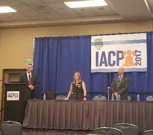 Police Legal Advisor Joseph Polzak, Chief of Police Bernadette DiPino and Patrol Division Captain Kevin Stiff discuss the Sarasota P.D.’s homeless outreach program at IACP 2017. (Photo/Nancy Perry)