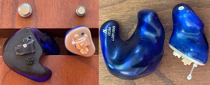 Figure 1: Left and right photos both show a full ear (concha) and canal protector. Full shell models allow for bigger, longer-lasting batteries.