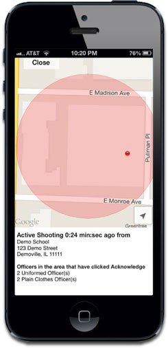 The app includes a geo-fenced area near each school within which an alert can be sent to all nearby police officers, on duty and off.