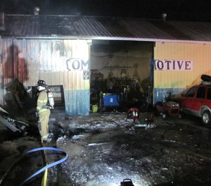 Firefighting efforts during a blaze at a towing company building were reportedly disrupted due to an employee wielding two axes re-entering the building to look for his cat and becoming aggressive with law enforcement. (Photo/La Pine Rural Fire Protection District)