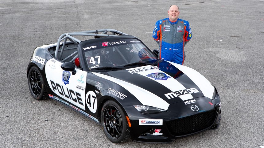 Bryan Simpson Hixon, owner of Hixon Motor Sports (HMS), wrapped two IMSA Pro cars at Hixon’s own cost to represent Blue H.E.L.P. and law enforcement suicide awareness for the 2021 Mazda MX-5 Cup series.