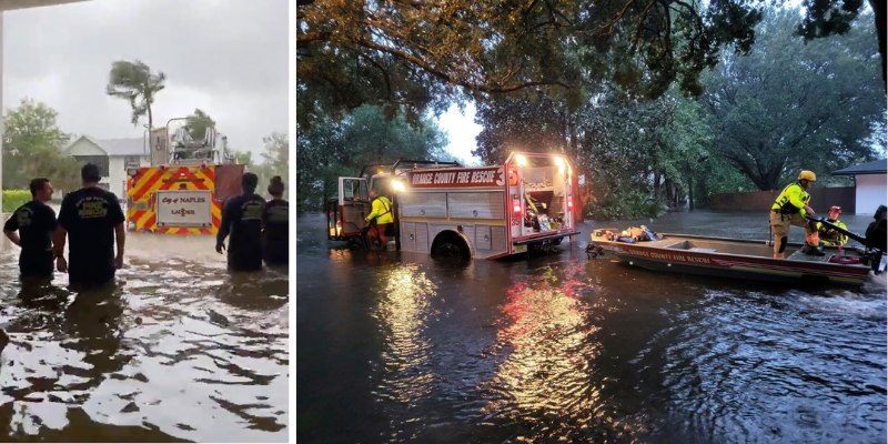 Left: Naples Fire Rescue Department firefighters look out at the firetruck that stands in water from the storm surge from Hurricane Ian on Wednesday, Sept. 28, 2022; Right: Firefighters in Orange County, Fla., help people stranded by Hurricane Ian early Thursday, Sept. 29, 2022. Ian marched across central Florida on Thursday as a tropical storm after battering the state’s southwest coast, dropping heavy rains that caused flooding and led to inland rescues and evacuations. 