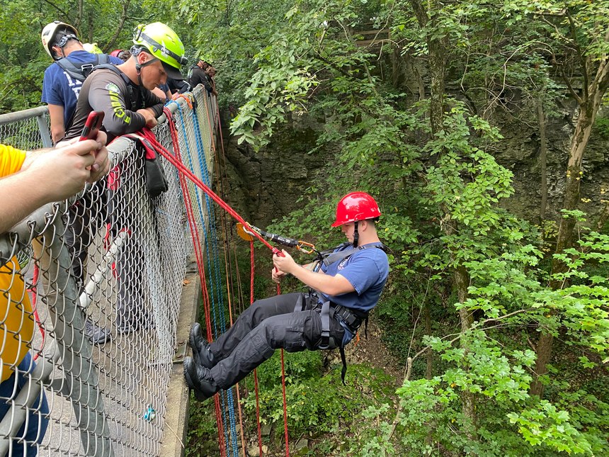 The hardest part of negotiating an edge is the transition from a standing position at the launch point to a vertical rappelling position on a wall – or without a wall to work off in the case of a bridge or outcropping.