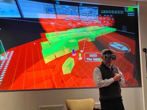 Dereck Orr, head of Public Safety Communications Research at NIST, tries out a virtual incident response dashboard at the CommanDING Tech Challenge.