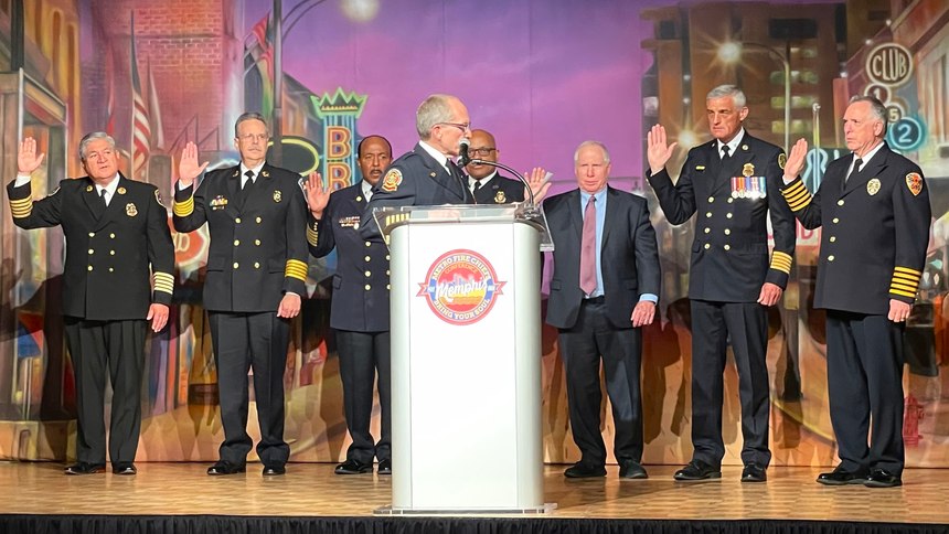 2022/2023 METRO Chiefs Board of Directors (from left to right): President Robert Rocha, Corpus Christi (Texas) Fire Department; Vice President Loy Senter, Jr., Chesterfield County Fire and EMS; Secretary Earnest Malone, Indianapolis Fire Department; Treasurer John Butler, Fairfax County (Virginia) Fire Department; Senior Board member, William Bryson, Miami; Alternate Board Member, Steve Dongworth, Calgary, Alberta, Canada; and Immediate Past President Don Lombardi, West Metro Fire Protection District. Sworn in by Past President John Lane. Not pictured: Board Member Trisha Wolford, Anne Arundel County (Maryland) Fire Department.