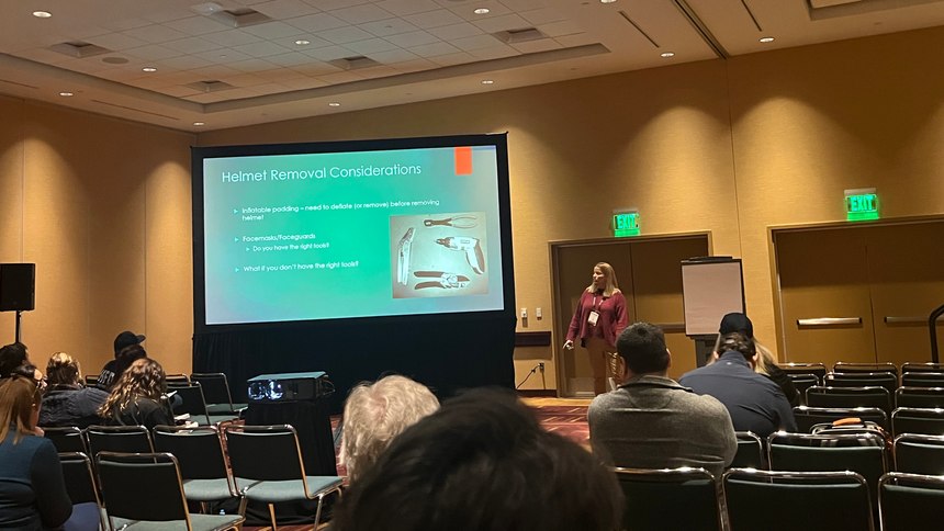 During her presentation, Owens cautioned the traditional practice of removing an injured player's helmet before evaluating further.