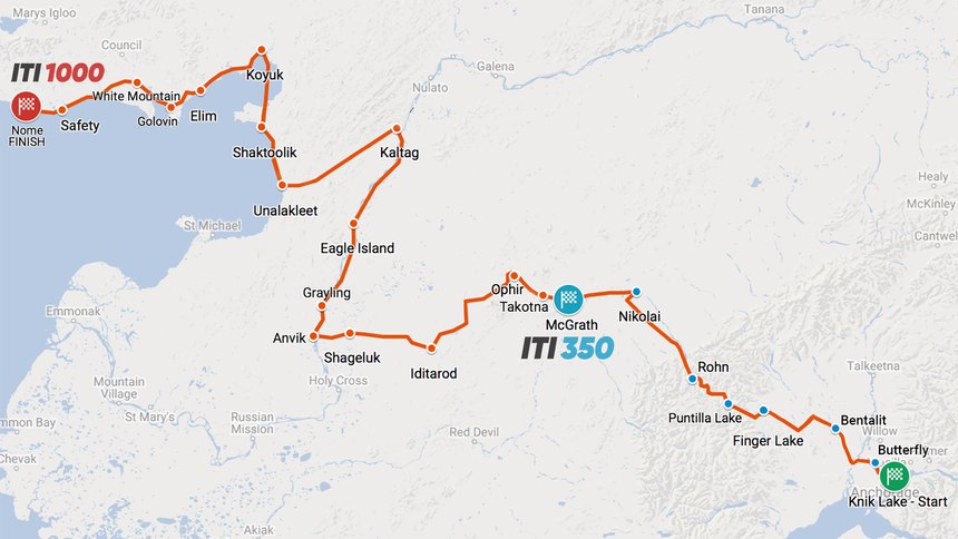 The race – which can be completed on bike, on foot or on skis – follows the historic Iditarod National Historic Trail, the location of the famed long-distance sled dog race held every March. The ITI 350 gives participants a maximum of 10 days and nights to finish the 350-mile journey from Knik Lake to McGrath, Alaska