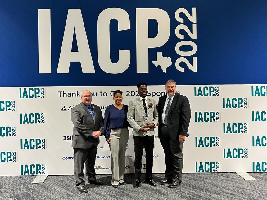 From Left to Right: (Julio Valcarcel, Vice President of Sales, LeonardoChief Mirtha V. Ramos, Chief of Police, DeKalb County Police DepartmentOfficer Deandre T. BrownChris McDonold, Chair of the Vehicle Crimes Committee and Executive Director of the Maryland vehicle Theft Prevention Council)