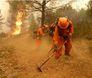 In this Sept. 12, 2015, file photo, a California Department of Corrections and Rehabilitation inmate work crew builds a containment line ahead of flames from a fire near Sheep Ranch, Calif. (AP Photo/Rich Pedroncelli, File)
