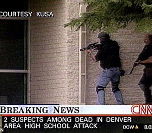 Sgt. James Smith of the Denver Police Department (left, in civilian clothes and a tactical vest and helmet) raced from his home to Columbine High, where he joined an improvised entry team to end the threat posed by the killers. Two minutes after they entered the building, the murderers shot themselves in the library.