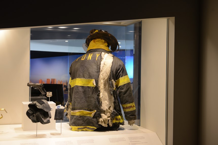 Jonathan Ielpi's turnout gear on display at the 9/11 Tribute Museum.