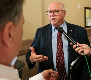 Kansas Interim Corrections Secretary Roger Werholtz speaks with reporters about budget issues, at the Statehouse in Topeka, Kansas. (AP Photo/John Hanna)