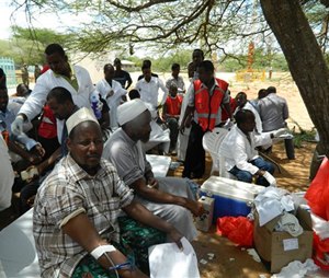 Local residents donate blood at Garissa hospital, Thursday, April 2, 2015. Al-Shabab gunmen attacked Garissa University College in northeast Kenya early Thursday, targeting Christians and killing at least 15 people and wounding 60 others, witnesses said. (AP Photo)