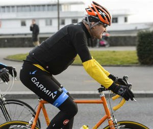 In this March 16, 2015 file picture U.S. Secretary of State John Kerry, rides a bike after a bilateral meeting with the Iranian Foreign Minister in Lausanne, Switzerland. Kerry is in stable condition in a Swiss hospital after suffering a leg injury in a bike crash outside Geneva Switzerland on Sunday, May 31, 2015. (Jean-Christophe Bott,Keystone via AP, file)
