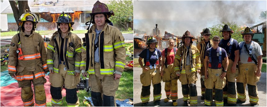 Left: Full-time college students who volunteer with two local departments attend a joint training burn; Right: Students who took EMT classes attend a joint training burn.Photos/Kyle Kuehmichel