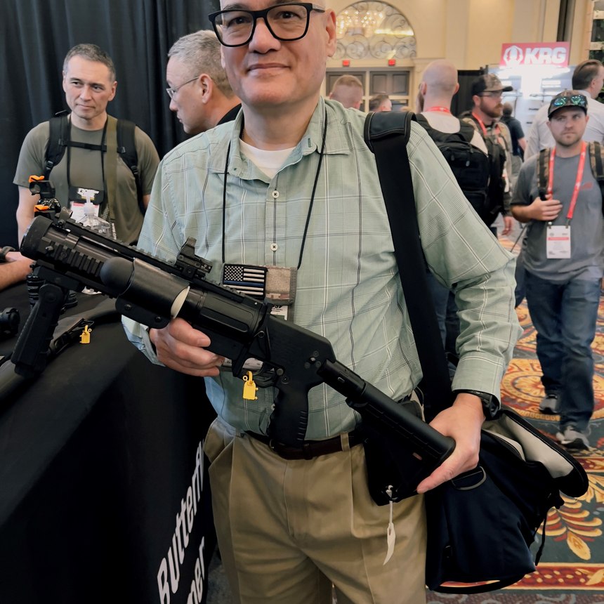 Hurricane Butterfly, a distributor for less lethal tools, makes a one- or two-round side saddle for 40mm projectiles. It can be mounted horizontally or vertically on any Picatinny rail.