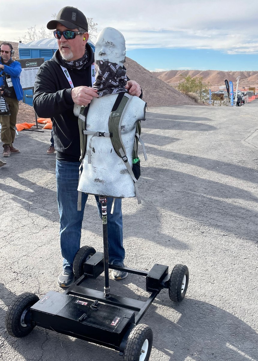 Rubber Dummies has a new motorized target system that is designed for hard multi-terrain use. Here Matt Crawford of Rubber Dummies shows some of the features of this product. It is fast and can change directions quickly, without flopping over.
