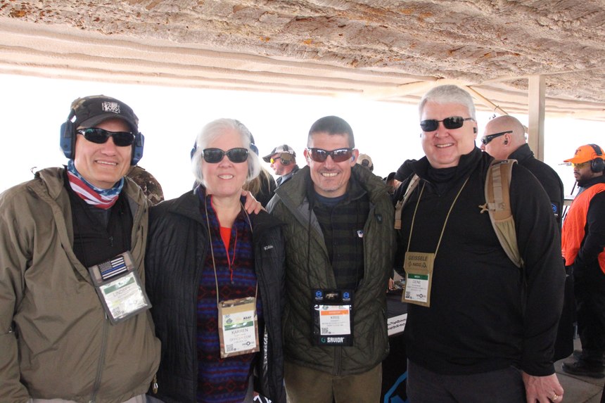 SHOT Show Range Day is full of amazing people. Lindsey and Gene met Kris “Tanto” Paranto a few years back at SHOT Show. Today was a reunion. From left: Lindsey and Karren Bertomen, Kris Paranto, and Gene Whisenand.