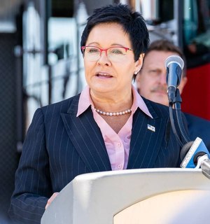 U.S. Fire Administrator Dr. Lori Moore-Merrell speaks on the efforts of national and local fire agencies to inform the public on the dangers of wildfires at Sacramento Metropolitan Fire District Firehouse 68.