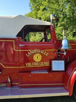 A Landisville Volunteer Firefighter Company photo from 2018 shows its bell and an award for the truck's appearance.