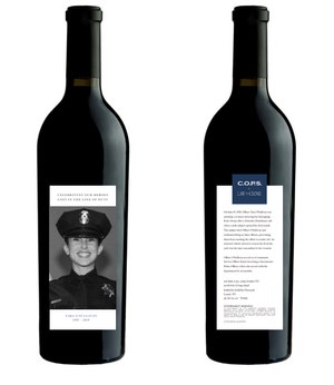 Each bottle is labeled with the name and of an officer who has fallen in the line of duty, as well as a written tribute commemorating their service.