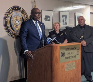 Little Rock Mayor Frank Scott addresses reporters at a news conference which the city's police department detailed overhauls to its no-knock drug raid policies, Wednesday, June 12, 2019 in Little Rock, Ark. (AP Photo/Hannah Grabenstein)