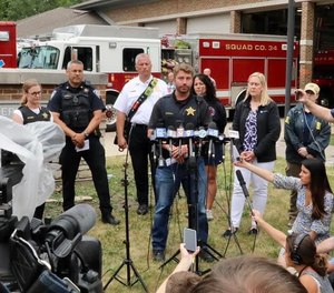 Deputy Chief Chris Covelli of the Lake County (Illinois) Sheriff’s Office addresses the media about the mass shooting at a July 4 parade in Highland Park, Illinois in 2022.
