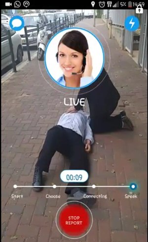 Reporty crowdsourcing app contacts Magen David Adom dispatch center for broadcast of live video to the dispatch command and control screen.