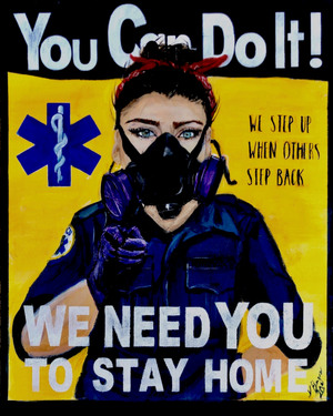 The first painting in Paramedic Kate Bergen's series, "Modern Day Rosies," is a self-portrait from the mask down, she said. The first complete portrait of another person was inspired by her coworker, Le Li, an emergency room nurse.