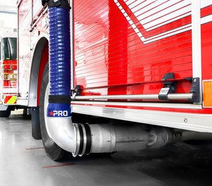 An exhaust source capture consists of a collection hose that’s attached to the exhaust pipe on fire apparatus that uses a high-powered fan to draw DE and DPM through the hose for discharge to the outside atmosphere.