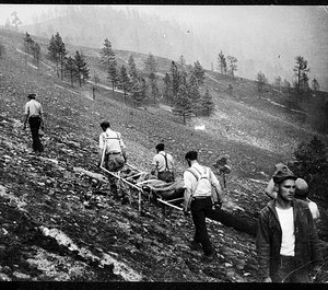 Mann Gulch Fire, 1949. US Forest Service retrieval of victim's bodies on the north slope of Mann Gulch on Aug. 6, 1949.