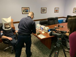 EMS providers from Cumberland Goodwill EMS demonstrate N95 fit test and discuss coronavirus, flu preparedness with local media