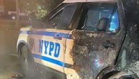 Video: Moped explodes after slamming into NYPD SUV