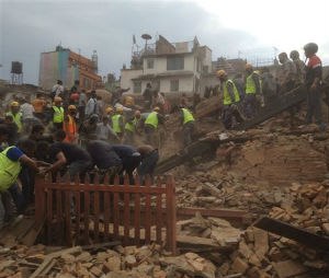 Rescuers clear the debris at Durbar Sqaure after an earthquake in Kathmandu, Nepal.